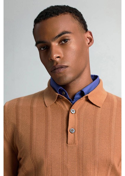 Saf Kaşmir Polo Yaka Şerit Desenli Konyak Rengi Triko modelleri