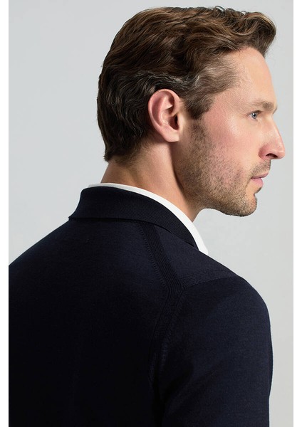 Merino Yün Ipek Karışım Polo Yaka Yarım Fermuarlı Lacivert Triko fırsatları