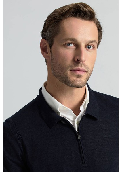 Merino Yün Ipek Karışım Polo Yaka Yarım Fermuarlı Lacivert Triko indirimleri