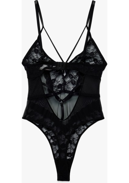 Derin V Yaka Ince Askılı Transparan Dantelli Bodysuit fiyatları