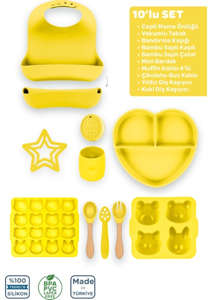Silikon 10'lu Set Sunrise Sarı / Mama Önlüğü, Mama Tabağı, Bandırma Kaşığı, Bambu Saplı Kaşık ve Çatal, Mini Bardak, Muffin Kalıbı, Çikolata-Buz Kalıbı, Yıldız Diş Kaşıyıcı, Kuki Diş Kaşıyıcı