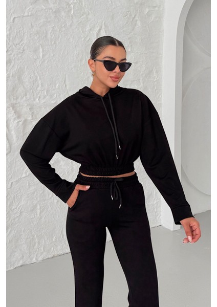 Kadın Siyah Beli Lastikli Kapüşonlu Crop Alt-Üst Modal Eşofman Takım