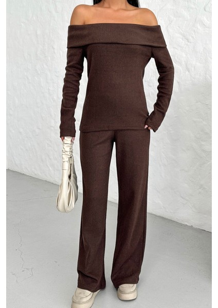 Kadın Kahverengi Selanik Kumaş Madonna Yaka Alt Üst Pantolonlu Takım modelleri