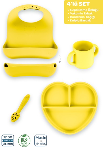 Silikon Beslenme Seti 4'lü Sunrise Sarı / Mama Önlüğü, Mama Tabağı, Bandırma Kaşığı, Kulplu Bardak