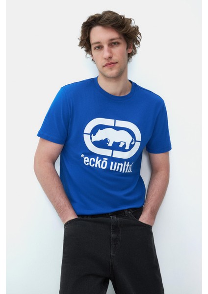 Marc Mavi Bisiklet Yaka Baskılı Standard Fit Erkek Tshirt modelleri