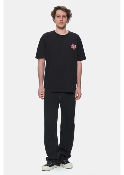 Char Siyah Bisiklet Yaka Baskılı Oversize Erkek Tshirt