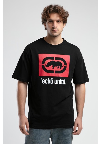 Ithaca Siyah Bisiklet Yaka Nakışlı Oversize Erkek Tshirt