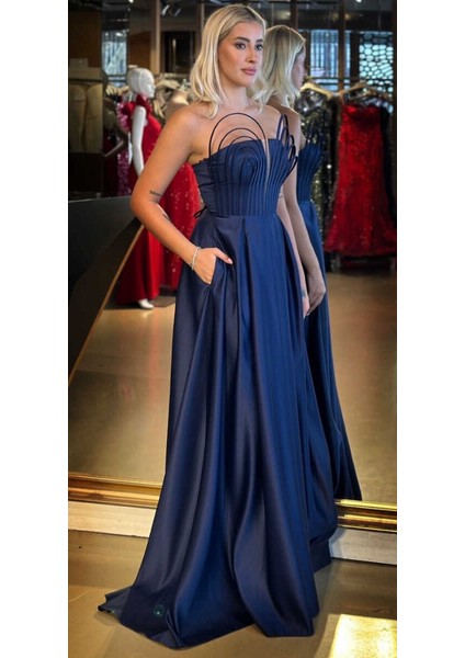 Lacivert Straplez Yaka Sırt Dekolteli Kloş Etekli Saten Uzun Abiye Elbise 11088 fiyatları