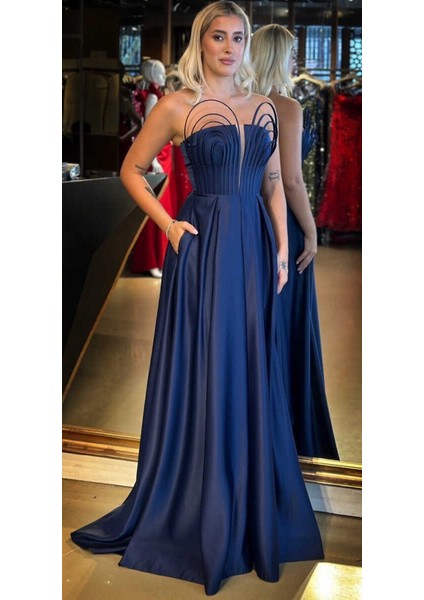 Lacivert Straplez Yaka Sırt Dekolteli Kloş Etekli Saten Uzun Abiye Elbise 11088