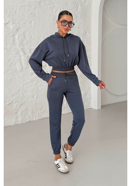 Kadın Füme Beli Lastikli Kapüşonlu Crop Alt-Üst Modal Eşofman Takım modelleri