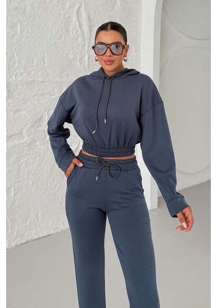 Kadın Füme Beli Lastikli Kapüşonlu Crop Alt-Üst Modal Eşofman Takım fırsatları