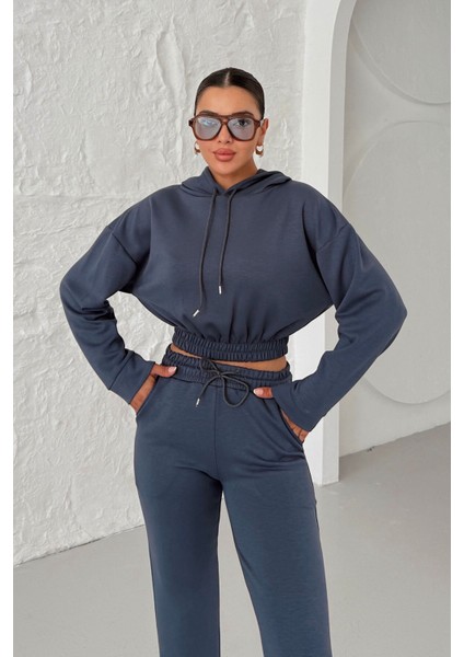 Kadın Füme Beli Lastikli Kapüşonlu Crop Alt-Üst Modal Eşofman Takım