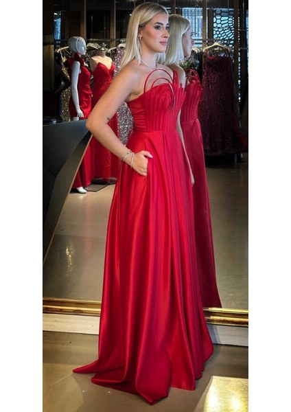 Kırmızı Straplez Yaka Sırt Dekolteli Kloş Etekli Saten Uzun Abiye Elbise 11088 fiyatları