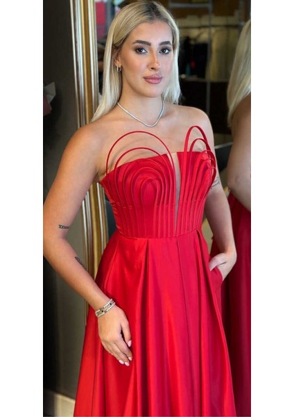 Kırmızı Straplez Yaka Sırt Dekolteli Kloş Etekli Saten Uzun Abiye Elbise 11088 modelleri