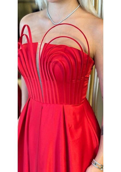 Kırmızı Straplez Yaka Sırt Dekolteli Kloş Etekli Saten Uzun Abiye Elbise 11088 fırsatları