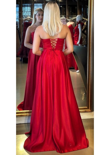 Kırmızı Straplez Yaka Sırt Dekolteli Kloş Etekli Saten Uzun Abiye Elbise 11088 indirimleri