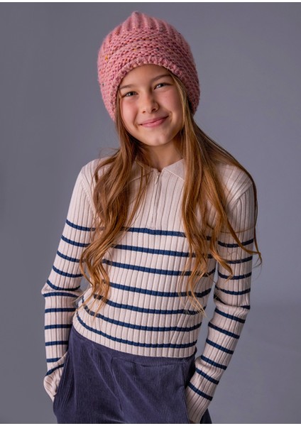 Bej Kız Çocuk Polo Yaka Kazak 7195