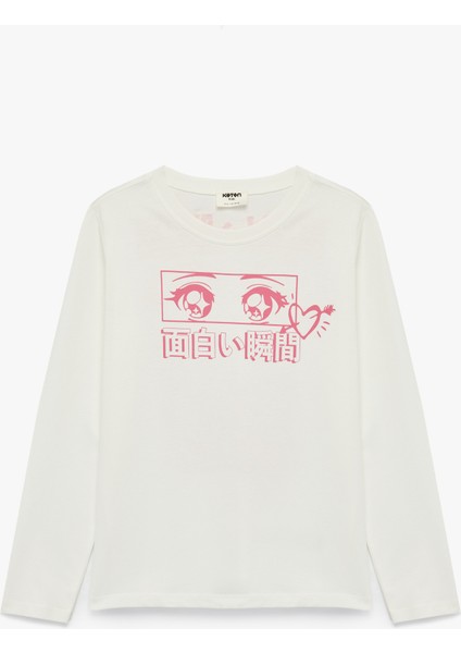 Pamuklu Bisiklet Yaka Anime Baskılı Uzun Kollu Tişört