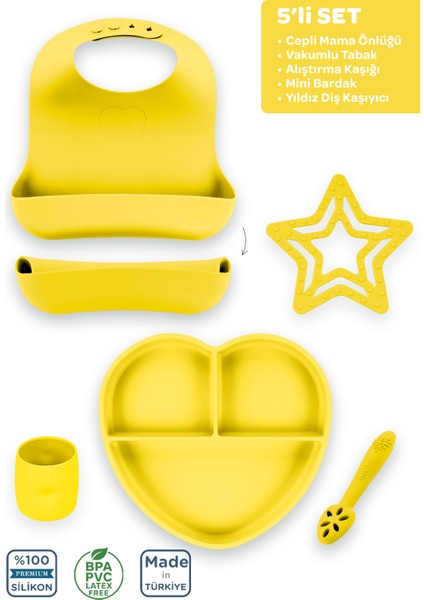 Silikon 5'li Set Sunrise Sarı / Mama Önlüğü, Mama Tabağı, Bandırma Kaşığı, Mini Bardak, Yıldız Diş Kaşıyıcı