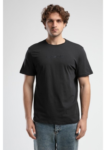 Empıre Antrasit Bisiklet Yaka Nakışlı Standard Fit Erkek Tshirt