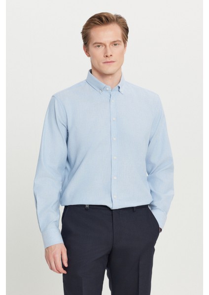 %100 Pamuk Comfort Fit Rahat Kesim Düğmeli Yaka Balıksırtı Desenli Gömlek