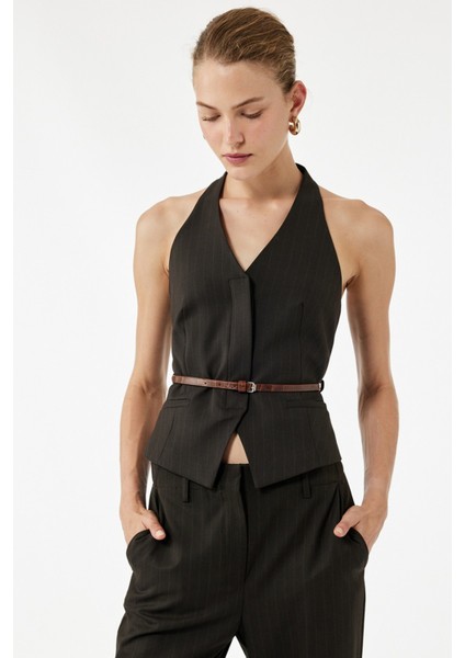 Kolsuz Düğmeli Kemerli Halter Yaka Yelek 6WAK20035UW