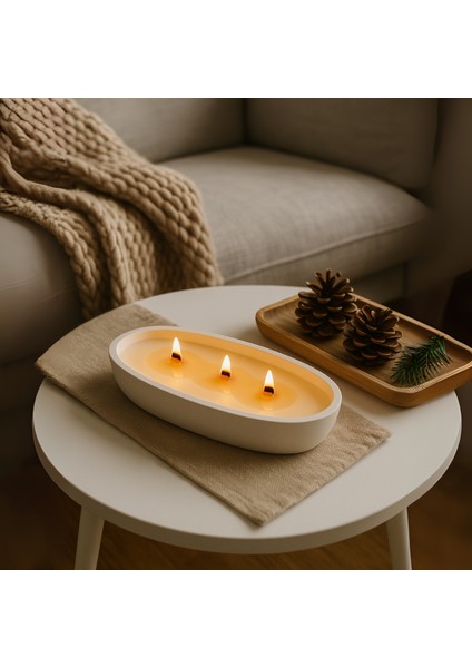 Oval Beton Mum – %100 Doğal Soya Wax, Ahşap Fitilli, El Yapımı Dekoratif Mum (21.9X10.8 Cm)