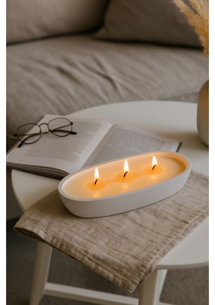 Oval Beton Mum – %100 Doğal Soya Wax, Ahşap Fitilli, El Yapımı Dekoratif Mum (21.9X10.8 Cm)