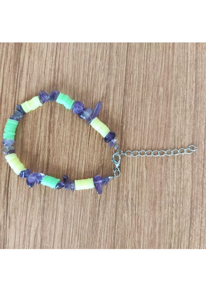 Mor Ametist Taşı & Heishi Boncuklu El Yapımı Bileklik – Doğal Taş Enerjili Takı -