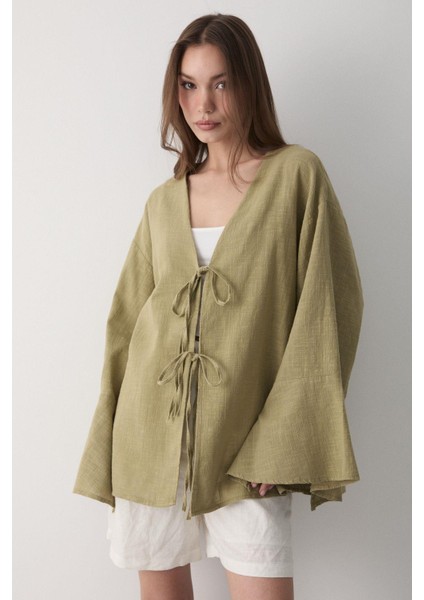 Kadın Çift Bağlama Keten Kimono