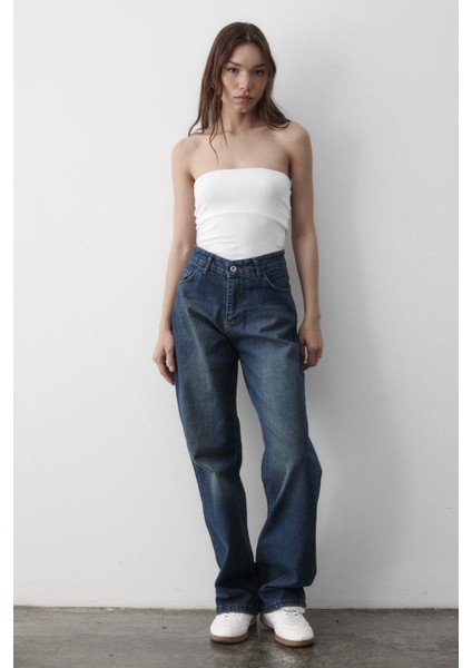 Kadın Yüksek Bel Geniş Paça Jean Pantolon fırsatları