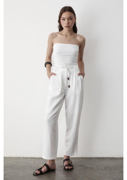 Kadın Yüksel Bel Boncuklu Bağcıklı Keten Pantolon