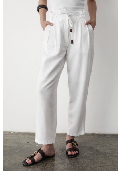 Kadın Yüksel Bel Boncuklu Bağcıklı Keten Pantolon fiyatları