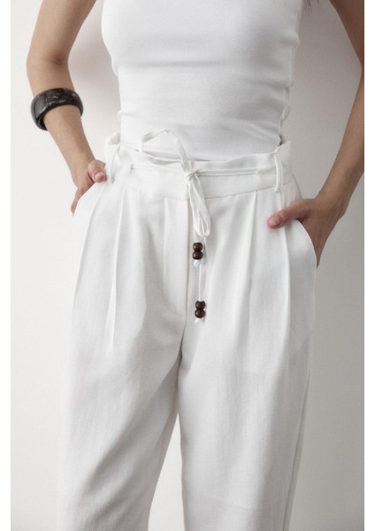 Kadın Yüksel Bel Boncuklu Bağcıklı Keten Pantolon modelleri