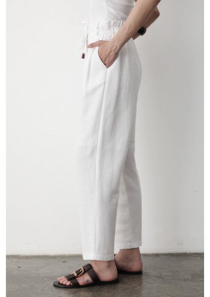 Kadın Yüksel Bel Boncuklu Bağcıklı Keten Pantolon fırsatları