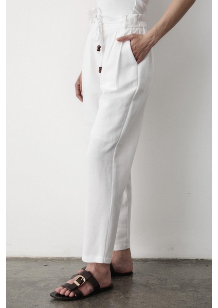 Kadın Yüksel Bel Boncuklu Bağcıklı Keten Pantolon indirimleri