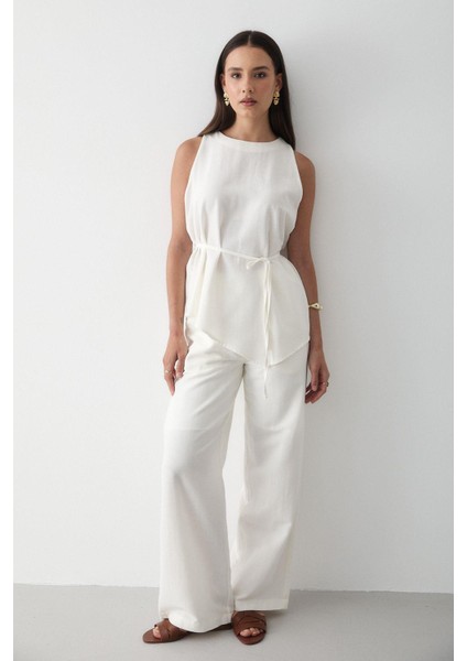 Kadın Keten Bisiklet Yaka Yelekli Kuşaklı Pantolon Takım