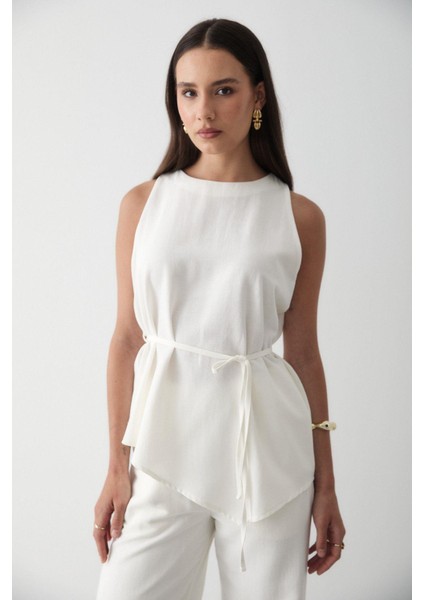 Kadın Keten Bisiklet Yaka Yelekli Kuşaklı Pantolon Takım fiyatları