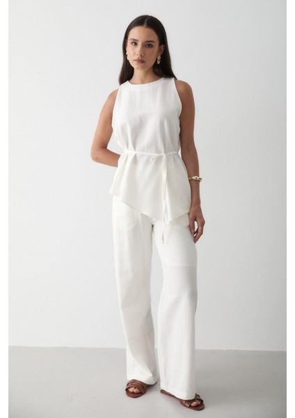 Kadın Keten Bisiklet Yaka Yelekli Kuşaklı Pantolon Takım modelleri