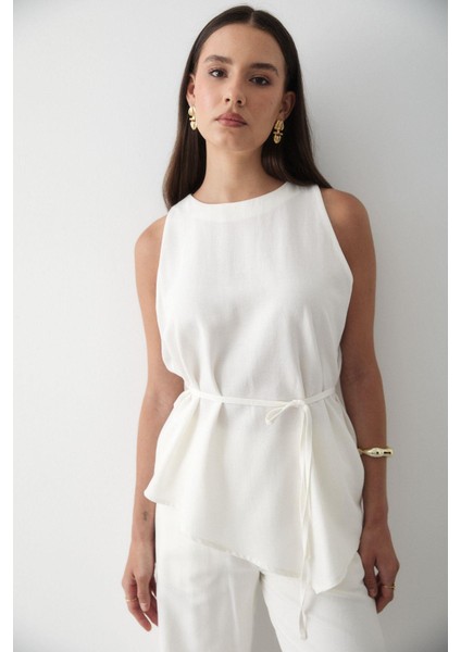 Kadın Keten Bisiklet Yaka Yelekli Kuşaklı Pantolon Takım fırsatları