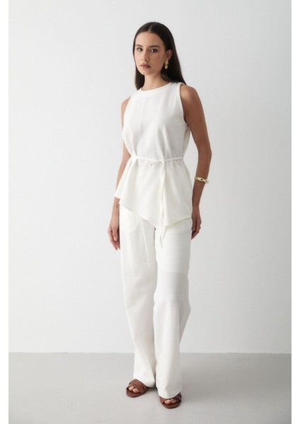 Kadın Keten Bisiklet Yaka Yelekli Kuşaklı Pantolon Takım indirimleri