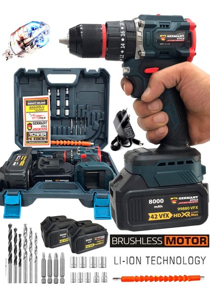 Pro Çift Akülü Vidalama Çelik Mandren Kömürsüz Motor Darbeli Şarjlı Matkap Seti