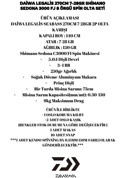Legalis Seabass 270CM 7-28GR Shimano Sedona 3000FJ 8 Örgü Spin Olta Seti fiyatları