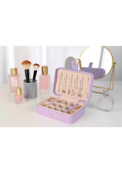 Deri Baklava Desenli Seyahat Takı Bijuteri Mücevher Kutusu Organizer Düzenleyici 16CM Lila Ithal Ürün