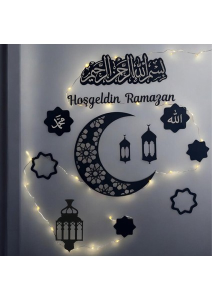 Hoşgeldin Ramazan LED Işıklı Ahşap Duvar Süsü | Ay Yıldız ve Dini Figürlerle Dekorasyon