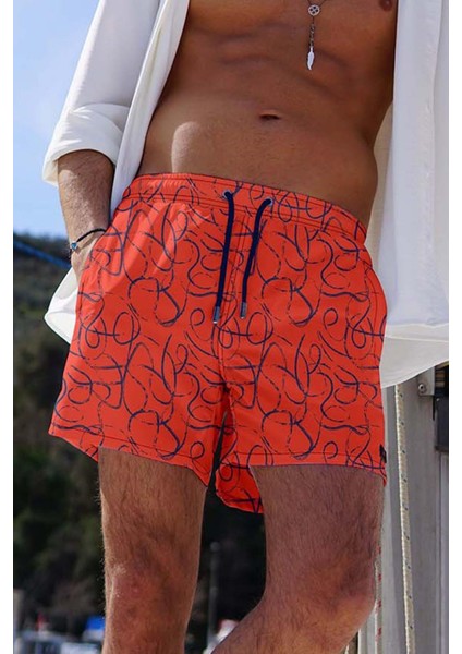 Su Itici Özellikli Dijital Baskılı Erkek Deniz Şort Mayo - 164-ORANJ