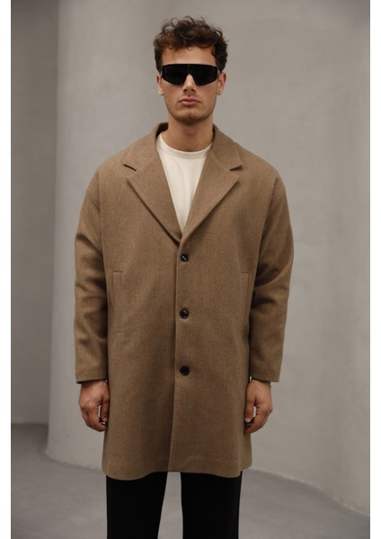 Kahverengi Düğme Kapamalı Yarım Oversize Rahat Kesim Uzun Erkek Kaşe Kaban Palto