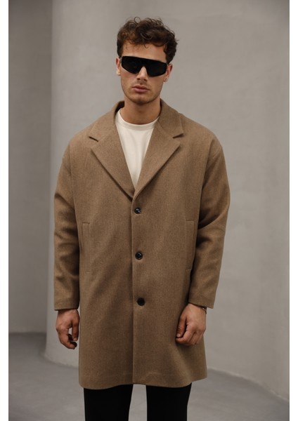 Kahverengi Düğme Kapamalı Yarım Oversize Rahat Kesim Uzun Erkek Kaşe Kaban Palto fiyatları