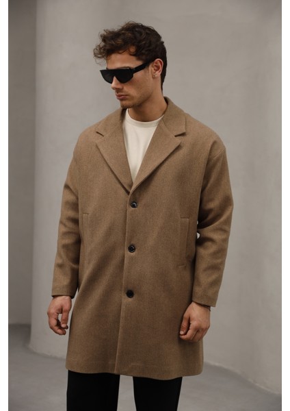 Kahverengi Düğme Kapamalı Yarım Oversize Rahat Kesim Uzun Erkek Kaşe Kaban Palto modelleri