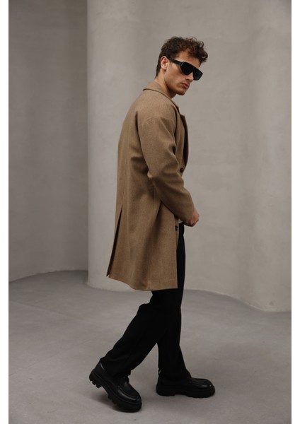 Kahverengi Düğme Kapamalı Yarım Oversize Rahat Kesim Uzun Erkek Kaşe Kaban Palto fırsatları